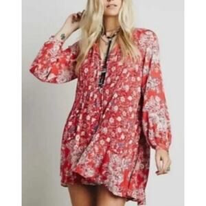 Free People Floral Lucky Loosey Mini Dress M  Red Tunic Festival Boho Oversized